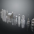 Cartoon City Building Models With Reflective Surfaces On Dark Background 3d model