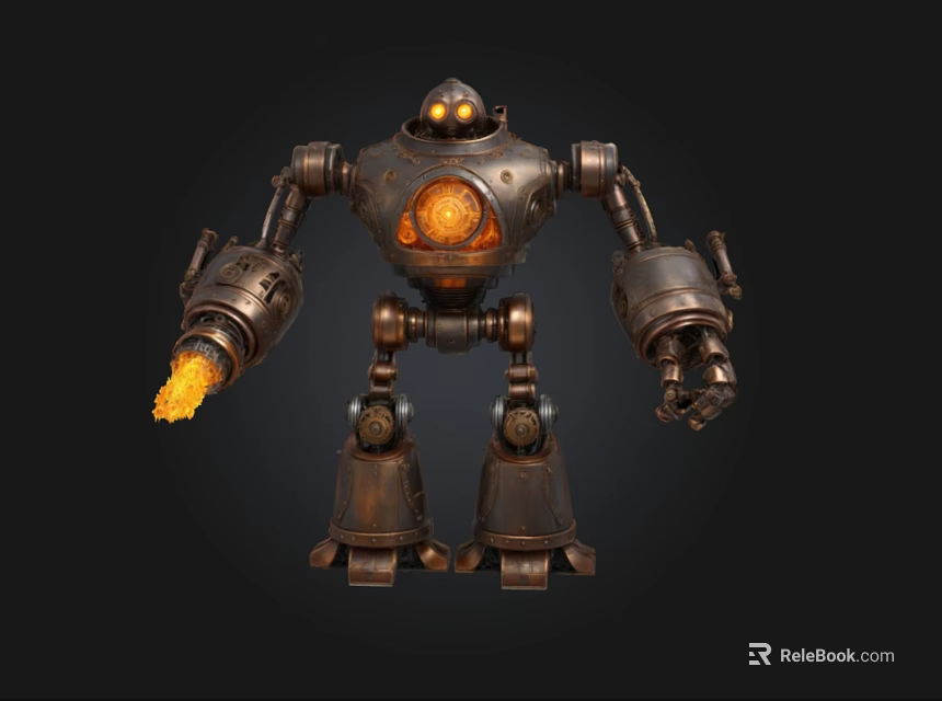 Steampunk Robot With Metallic Body Glowing Orange Core And Flaming Arm 3d model 