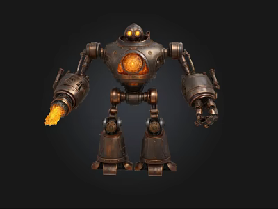 Steampunk Robot With Metallic Body Glowing Orange Core And Flaming Arm 3d model