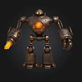 Steampunk Robot With Metallic Body Glowing Orange Core And Flaming Arm
