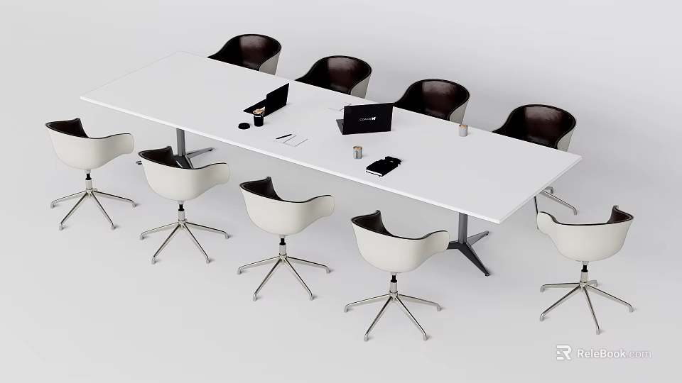 Modern Conference Table With White And Dark Office Chairs Setup 3d model