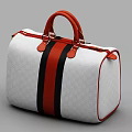 Stylish Gucci Handbag With White Pattern Red Black Stripes Red Handles And Brand Logo