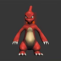 Red Creature With Flame Tail Green Eyes And White Claws Standing On Black Surface