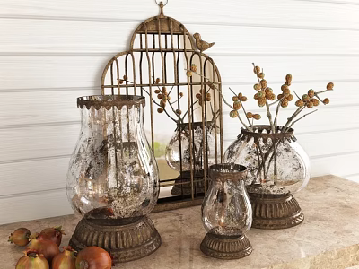 Decorative Ornament Set With Birdcage Glass Vases Dried Branches Pedestal Bases On Wooden Tabletop 3d model