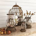 Decorative Ornament Set With Birdcage Glass Vases Dried Branches Pedestal Bases On Wooden Tabletop