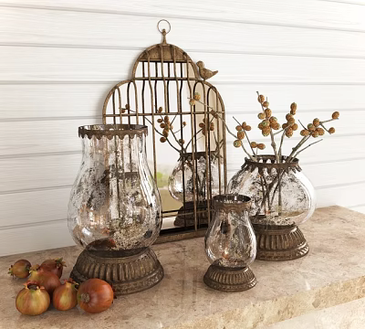 Decorative Ornament Set With Birdcage Glass Vases Dried Branches Pedestal Bases On Wooden Tabletop 3d model