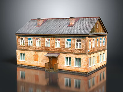 Two Story Residential Building With Brick Exterior Gray Roof Chimneys And White Windows 3d model