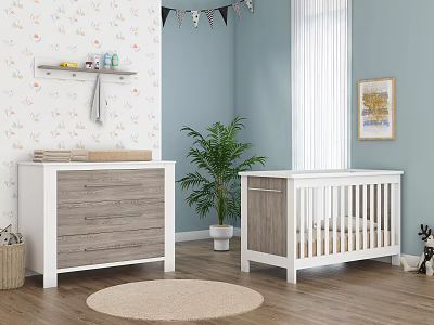 Cozy Nursery Room With White Crib Wooden Dresser Plant And Floral Wallpaper 3d model