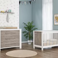 Cozy Nursery Room With White Crib Wooden Dresser Plant And Floral Wallpaper
