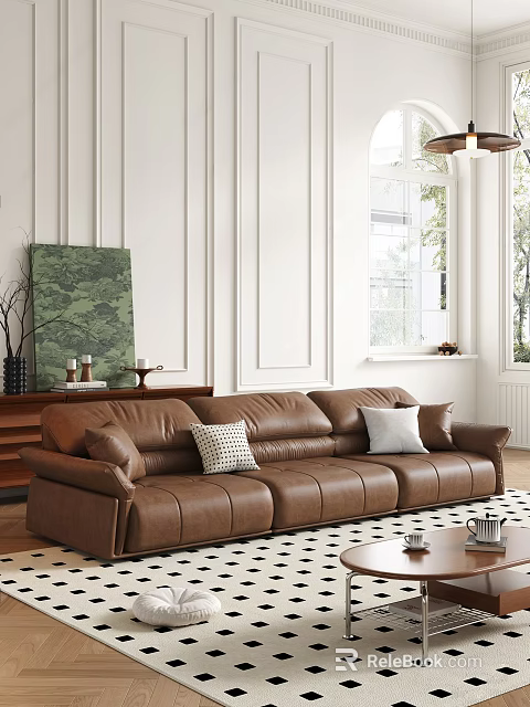 Brown Leather Sectional Sofa with Throw Pillows in Living Room with White Walls Green Artwork 3d model 