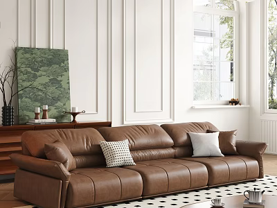 Brown Leather Sectional Sofa with Throw Pillows in Living Room with White Walls Green Artwork 3d model
