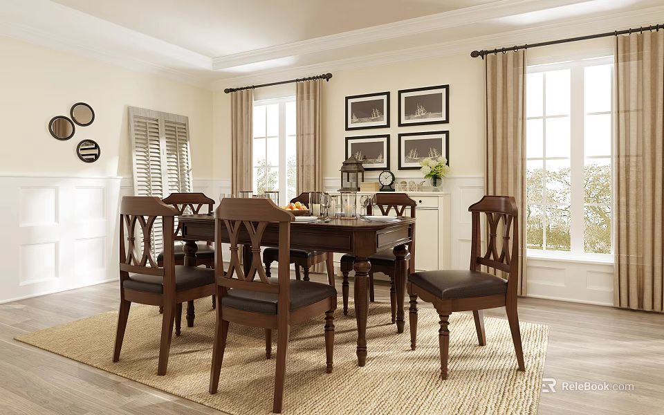 Classic Wooden Dining Table Set With Six Chairs Window Curtains And Decorative Frames 3d model