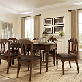 Classic Wooden Dining Table Set With Six Chairs Window Curtains And Decorative Frames 3d model