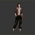 Red haired woman standing in brown coat blue top dark pants red shoes gray background