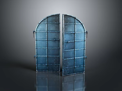 Modern Blue Arched Double Paneled Screen With Metal Frame And Grid Design 3d model