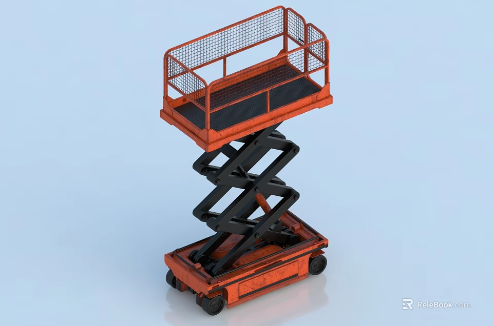 Industrial Scissor Lift Equipment With Orange Platform Guardrail And Mobile Wheels 3d model 