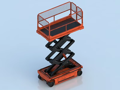 Industrial Scissor Lift Equipment With Orange Platform Guardrail And Mobile Wheels 3d model