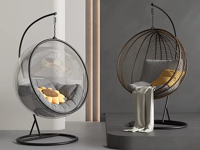 Modern Hanging Chairs With Transparent Acrylic And Rattan Design Gray Cushions Yellow Pillow Gray Blanket 3d model