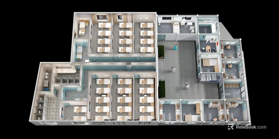 Structured Dormitory Floor Plan With Rows Of Beds And Separate Utility Rooms 3d model 