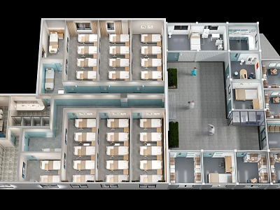 Structured Dormitory Floor Plan With Rows Of Beds And Separate Utility Rooms 3d model