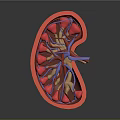 3D Rendered Kidney Anatomical Structure With Red And Blue Blood Vessels Details