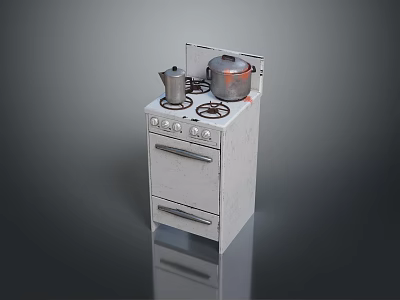 White Kitchen Stove Appliance With Gas Burners Kettle And Pot 3d model