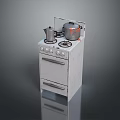 White Kitchen Stove Appliance With Gas Burners Kettle And Pot