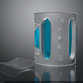 Silver Cylindrical Structure With Blue Transparent Windows Geometric Details And Mesh Base