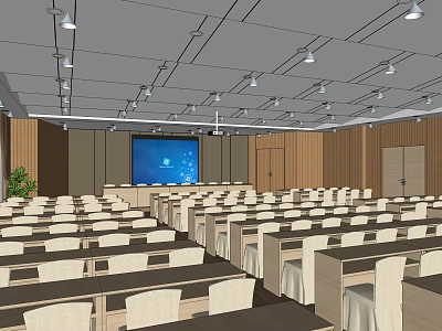 Large Conference Room With Arranged Tables Chairs Front Projection Screen Ceiling Lighting Wooden Walls 3d model