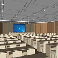 Large Conference Room With Arranged Tables Chairs Front Projection Screen Ceiling Lighting Wooden Walls