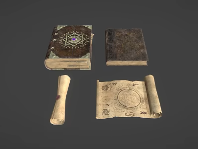 Ancient Magic Weapon Collection Featuring Old Books Scroll And Map 3d model
