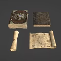 Ancient Magic Weapon Collection Featuring Old Books Scroll And Map