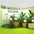Raw Materials Display With Potted Plants Baskets And Wooden Crates In Green Setting