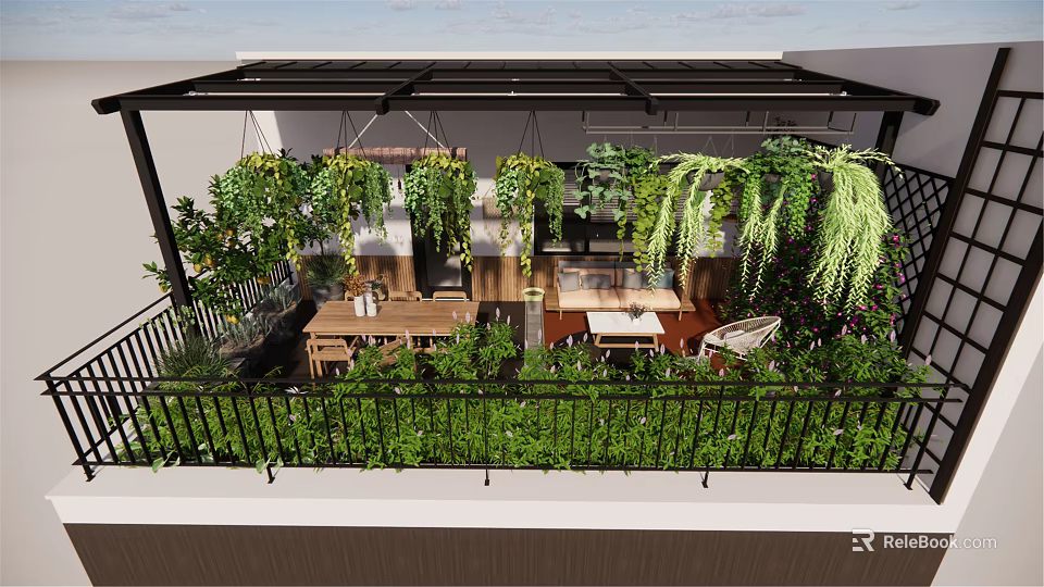 Roof Garden With Hanging Plants Outdoor Dining Table Railing Greenery And Covered Pergola 3d model 