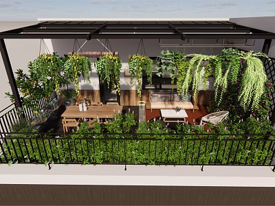 Roof Garden With Hanging Plants Outdoor Dining Table Railing Greenery And Covered Pergola 3d model