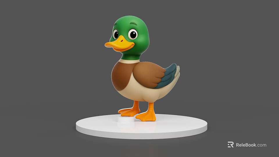 Cute 3D Flying Animal Duck with Green Head Brown Body Orange Feet on White Base 3d model 
