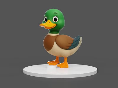 Cute 3D Flying Animal Duck with Green Head Brown Body Orange Feet on White Base 3d model