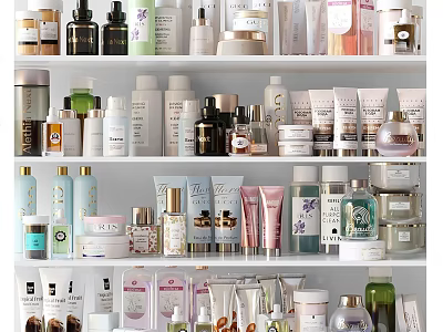 Diverse Perfume and Cosmetics Products Displayed on Shelves with Various Bottles Jars and Skincare Items 3d model