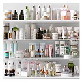 Diverse Perfume and Cosmetics Products Displayed on Shelves with Various Bottles Jars and Skincare Items