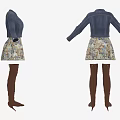 Women's Denim Jacket Floral Dress Knee High Boots High Heels Fashion Outfit
