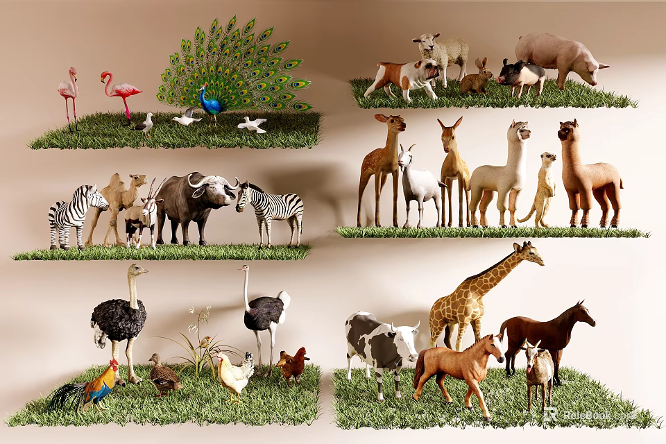 Colorful Animal Figurines Collection On Grass With Various Wildlife Models 3d model 