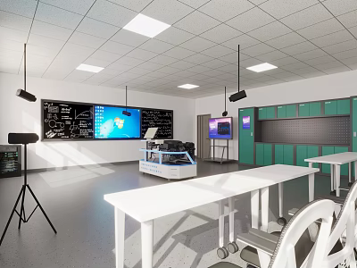 School Modern Classroom With Interactive Screens White Tables And Projectors 3d model
