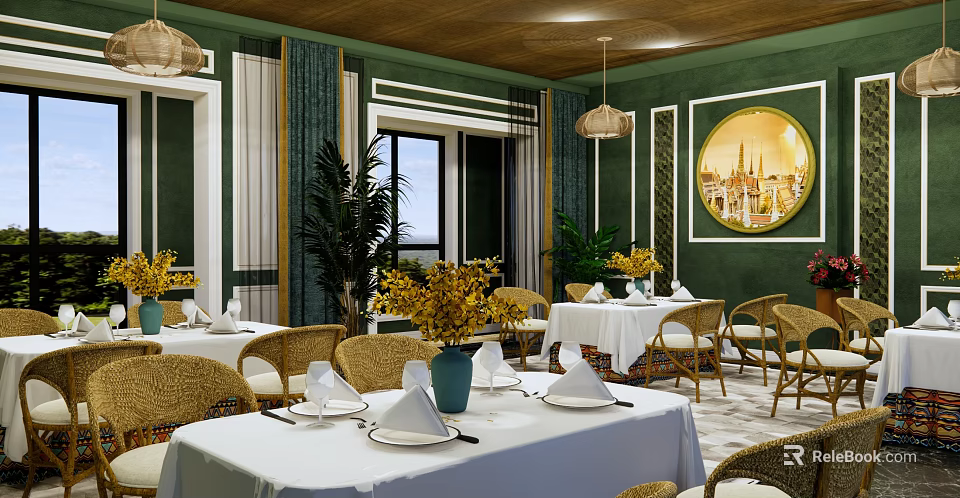 Elegant Restaurant Interior With Green Walls Wooden Ceiling Rattan Chairs And White Tablecloths 3d model 