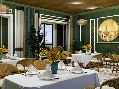 Elegant Restaurant Interior With Green Walls Wooden Ceiling Rattan Chairs And White Tablecloths 3d model