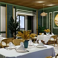 Elegant Restaurant Interior With Green Walls Wooden Ceiling Rattan Chairs And White Tablecloths