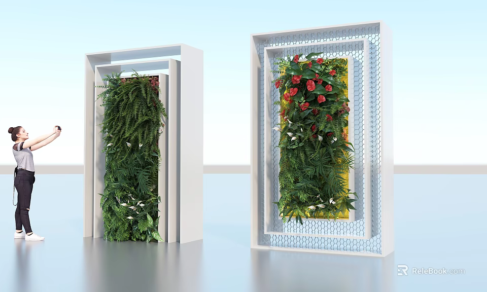 Indoor Green Living Wall With White Frame Green Plants And Red Flowers 3d model 