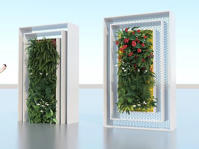 Indoor Green Living Wall With White Frame Green Plants And Red Flowers 3d model