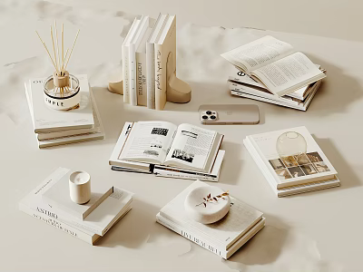 Minimalist Books And Magazines Display With Stacked Books Open Magazines Candle And Incense Sticks 3d model