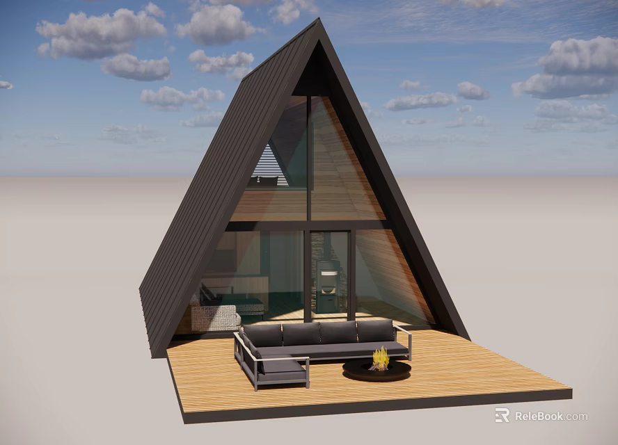 Modern Detached House With Triangular Roof Large Glass Windows And Wooden Deck Sofa Fire Pit 3d model 