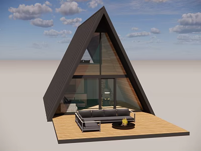 Modern Detached House With Triangular Roof Large Glass Windows And Wooden Deck Sofa Fire Pit 3d model